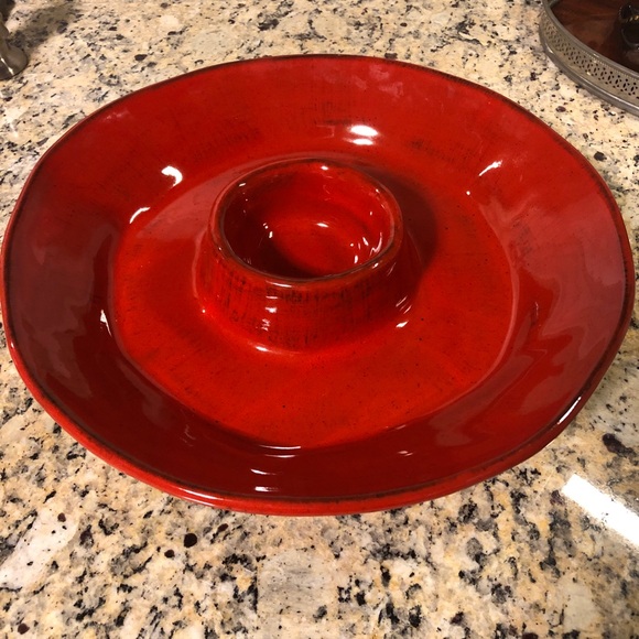 Crate and Barrel Chip & Dip Tray Server Rustic Red CBL202 13" Italy Artisanal - Picture 1 of 6